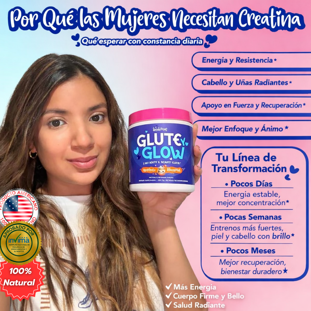Glute Y Glow™ – Creatina + Biotina para Mujeres | Fuerza, Glúteos y Belleza 2 en 1