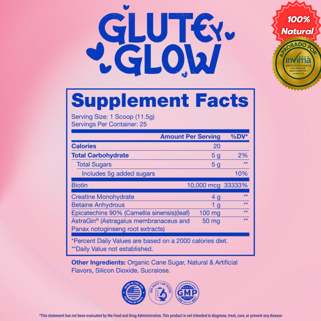 Glute Y Glow™ – Creatina + Biotina para Mujeres | Fuerza, Glúteos y Belleza 2 en 1